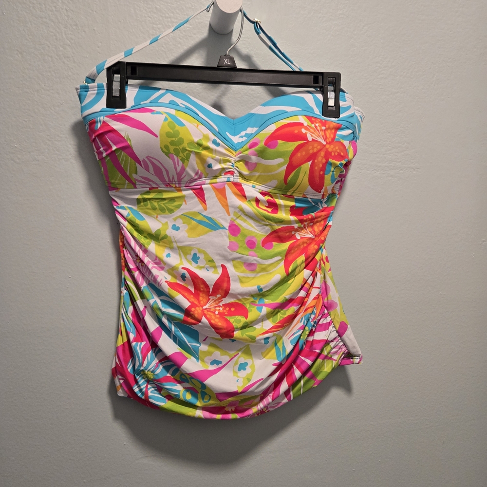 NWT Bleu Rod Beattie Tropical Floral Bandeau Tankini Top - Pink, Blue, Green